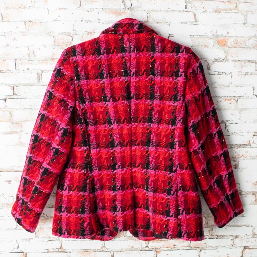 Tahari Petite Blazer Women's Notch Lapel Red Black Pink Plaid Blazer - Picture 8 of 10